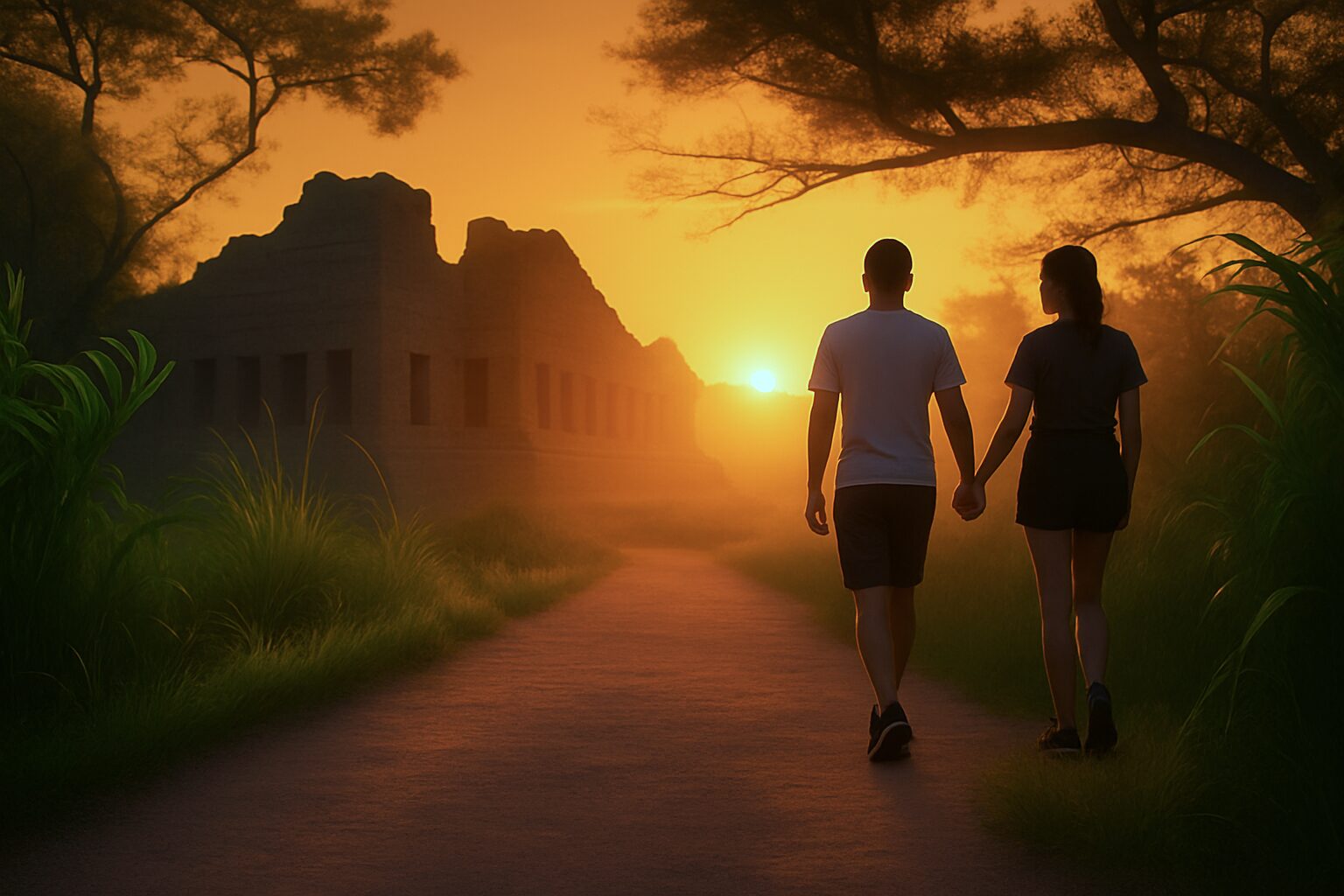 Hiking adventures couple holding hands outdoor in sunset maspalomas gran canaria